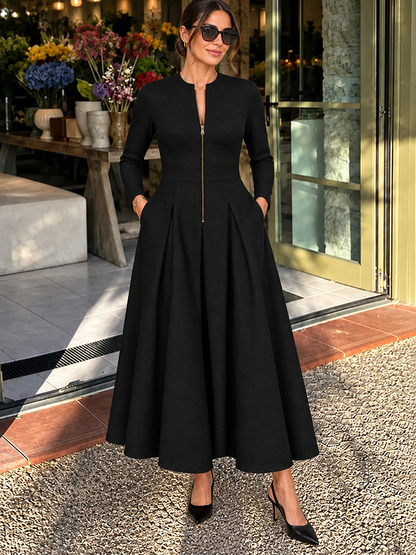 Zipper Solid Color Pockets Long Sleeves High Waisted Round-neck Maxi Dresses