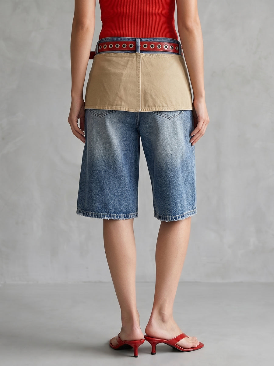 High Waisted Wide Leg Belted Buttoned Contrast Color Layered Split-Joint Denim Shorts