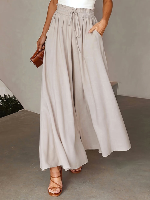 Loose Wide Leg Drawstring Solid Color Casual Pants Bottoms Trousers BLACK