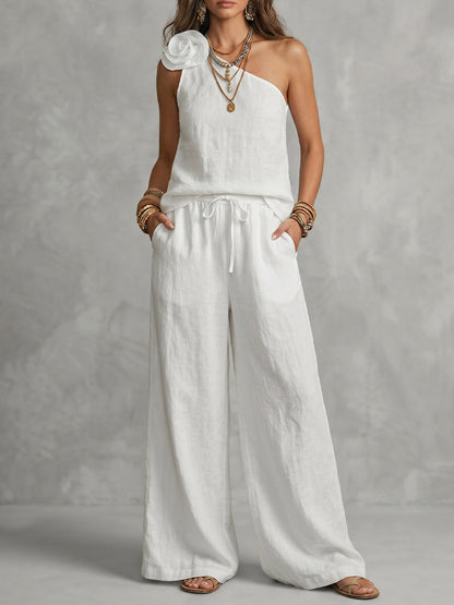 Loose Wide Leg Elasticity Pockets Solid Color Tied Pants Trousers