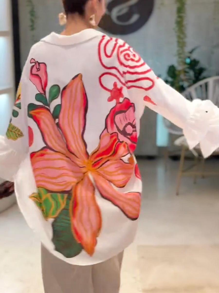 Flared Sleeves High-Low Buttoned Contrast Color Flower Print Lapel Blouses&Shirts Tops