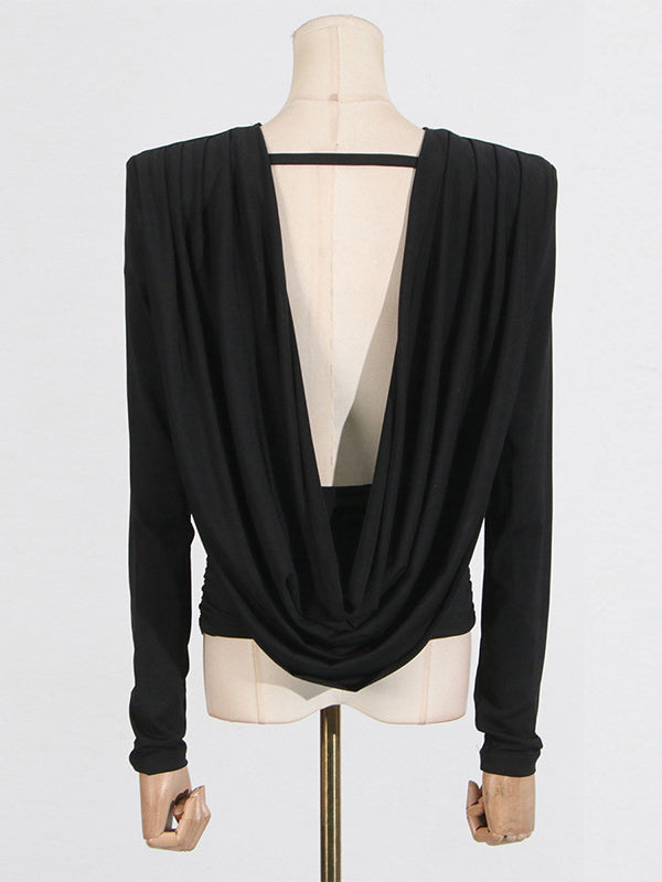Long Sleeves Backless Shoulder Pad Solid Color Round-Neck Blouses&Shirts Tops