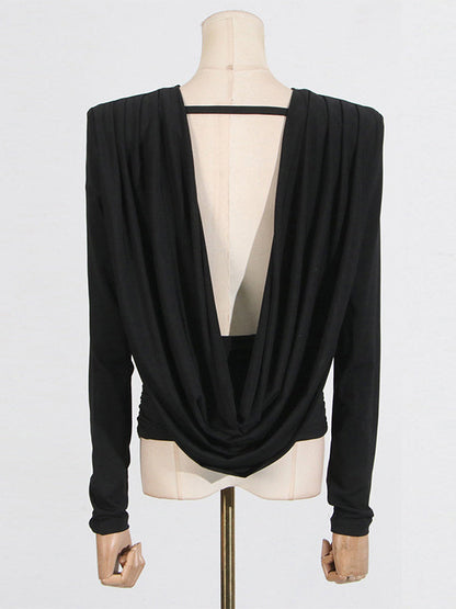 Long Sleeves Backless Shoulder Pad Solid Color Round-Neck Blouses&Shirts Tops