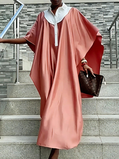 Batwing Sleeves Loose Buttoned Contrast Color Pleated Lapel Maxi Dresses