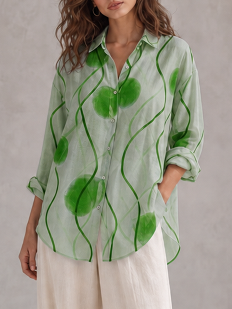 Printed Contrast Color Buttoned Loose Long Sleeves Lapel Blouses&shirts Tops