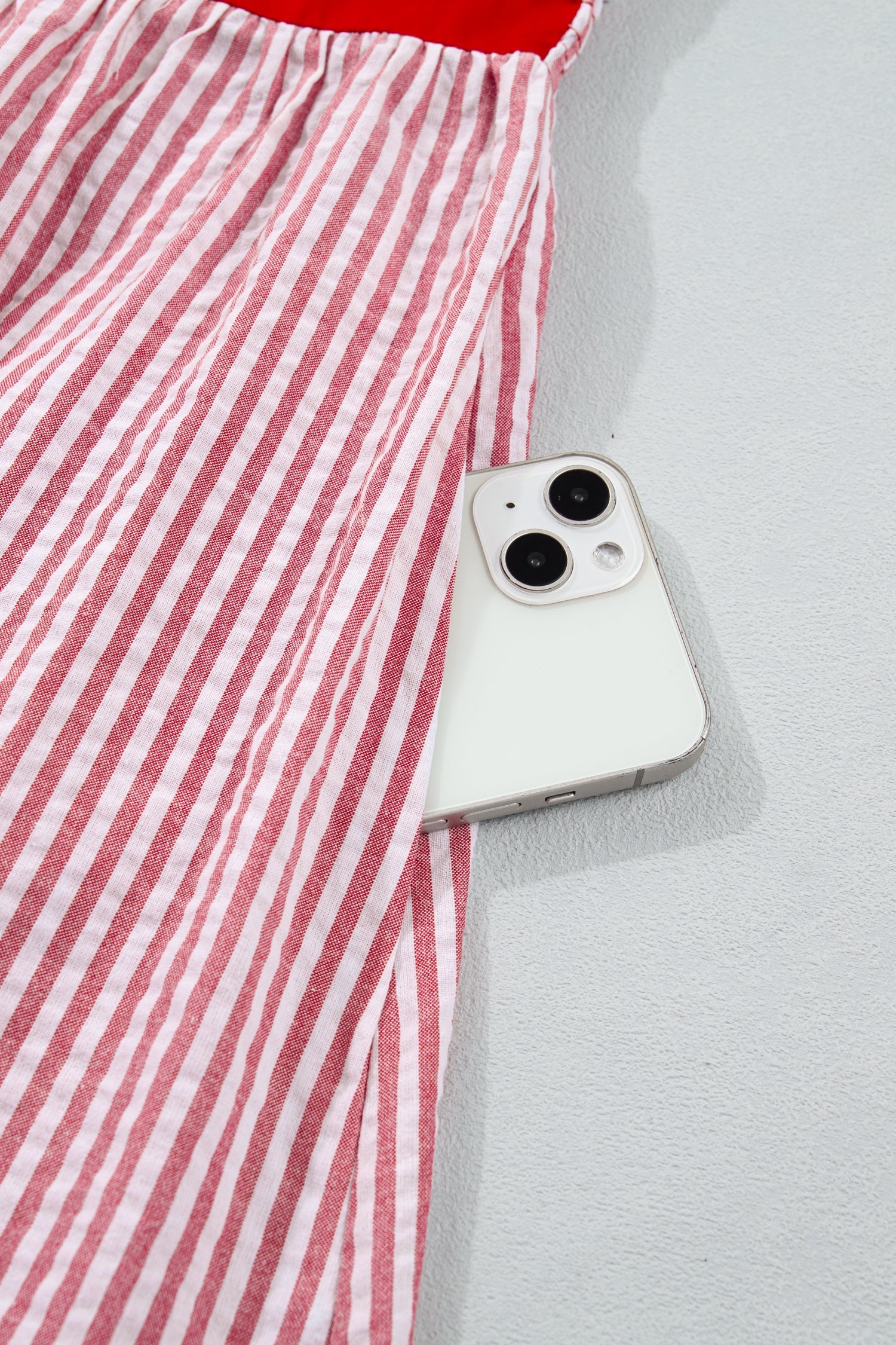 Red Stripe Bow Knot Straps Contrast Trim High Waist Ruffle Hem Maxi Dress