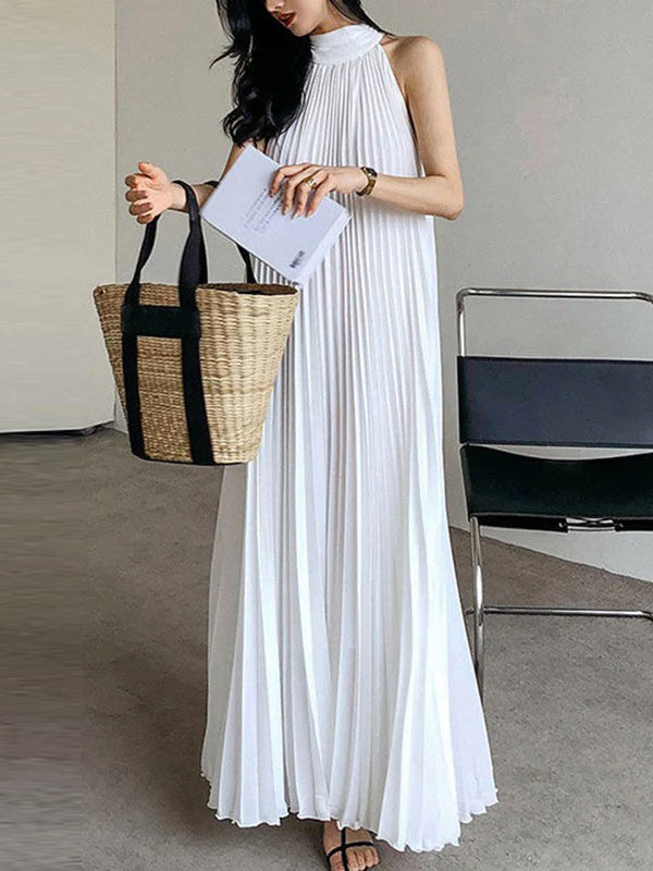 Loose Pleated Solid Color Stand Collar Maxi Dresses
