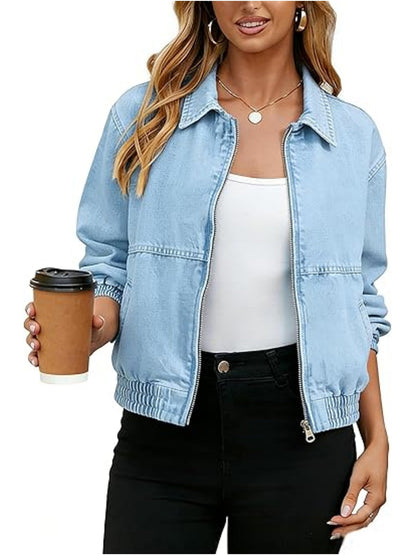 Zipper Split-Joint Solid Color Pockets Elasticity Long Sleeves Cropped Lapel Outerwear Jackets