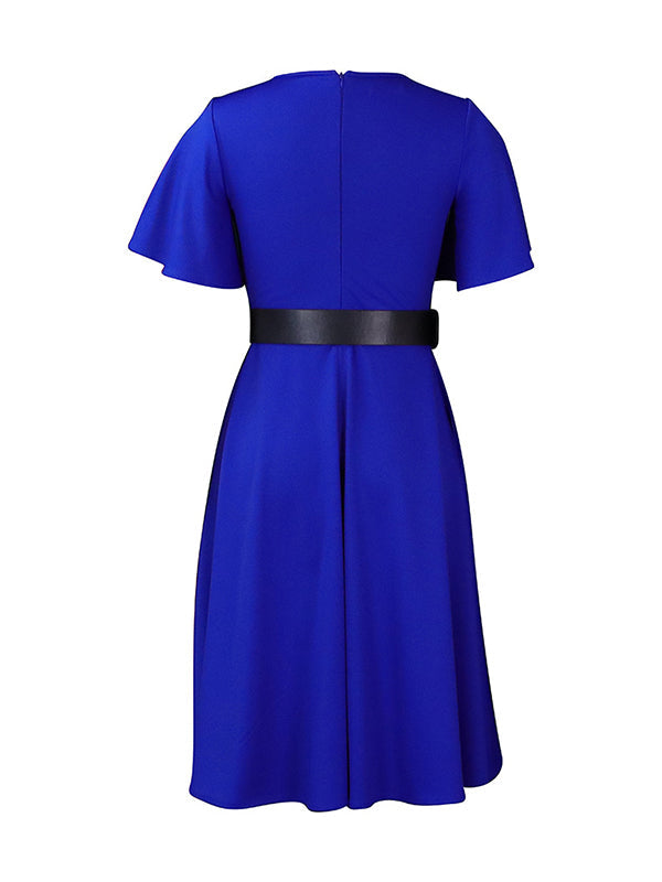 Irregular Clipping Plus Size Belted Solid Color Round-Neck Midi Dresses