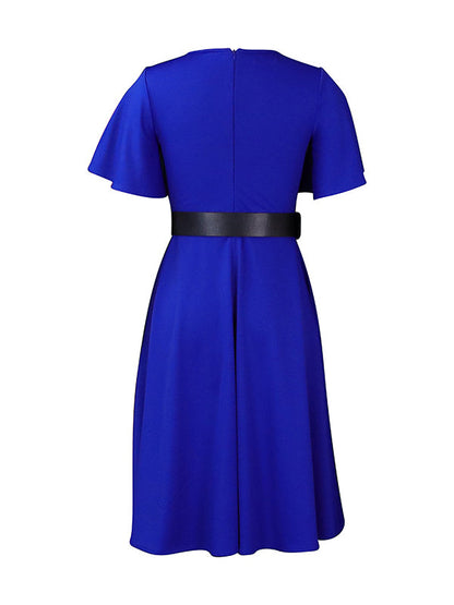 Irregular Clipping Plus Size Belted Solid Color Round-Neck Midi Dresses