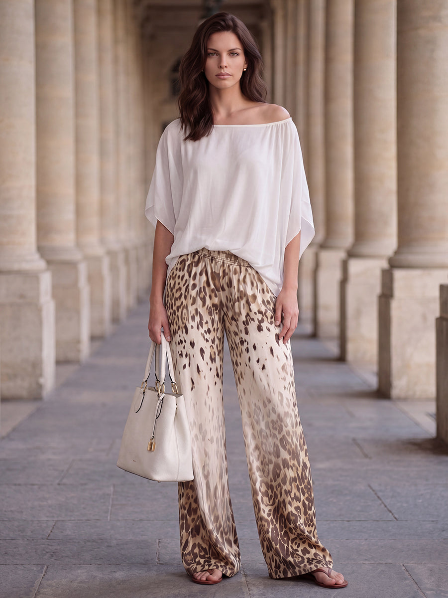 Pockets Leopard Gradient Elasticity Wide Leg Loose Wide Leg Pants Trousers