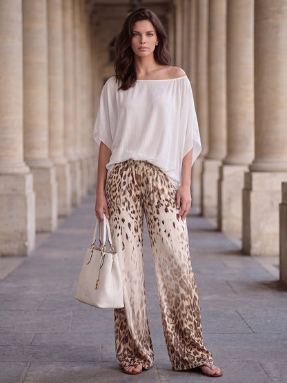Pockets Leopard Gradient Elasticity Wide Leg Loose Wide Leg Pants Trousers
