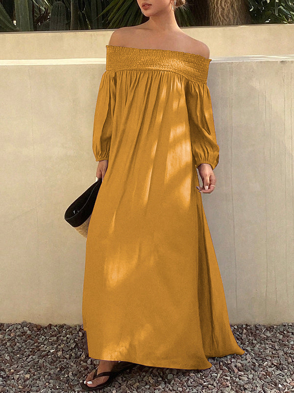 Loose Puff Sleeves Elasticity Pleated Solid Color Off-The-Shoulder Maxi Dresses