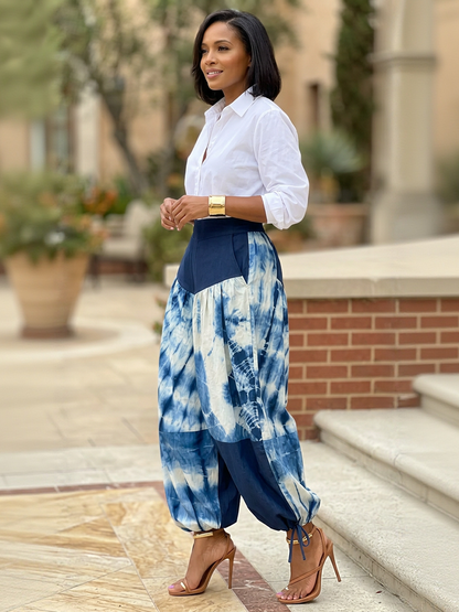 Split-Joint Printed Contrast Color High Waisted Trousers Ankle-Tied Pants