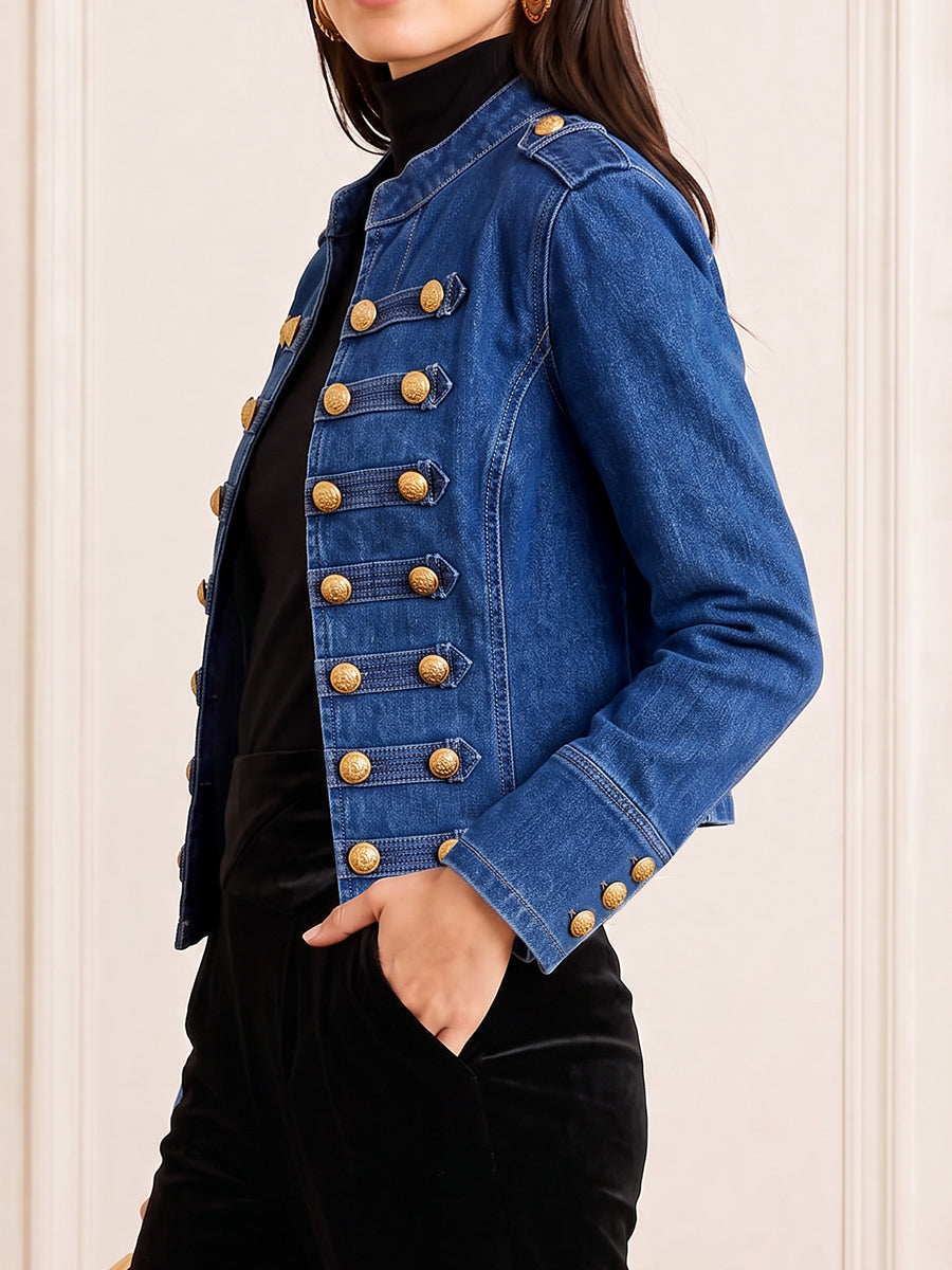 Split-Joint Solid Color Buttoned Long Sleeves Bloomers Mock Neck Outerwear
