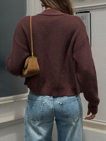 Zipper Solid Color Loose Long Sleeves Round-neck Cardigan Tops