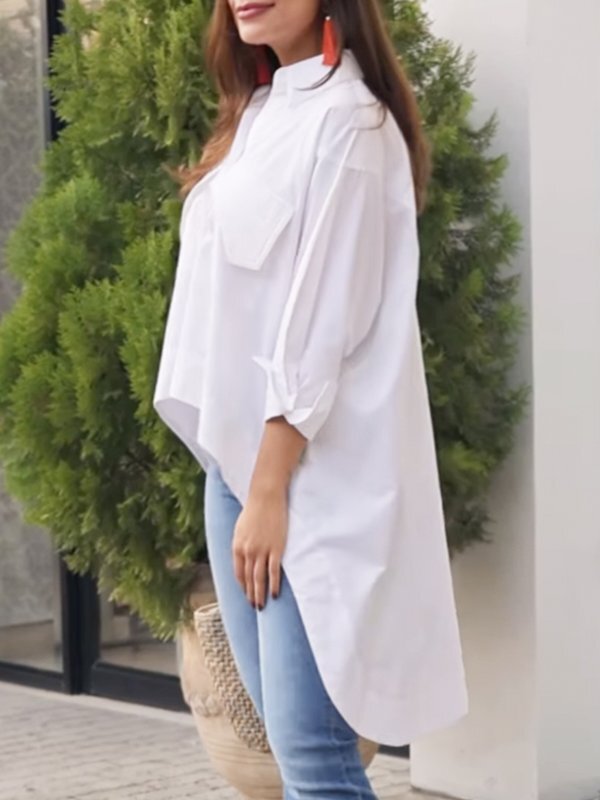 High-Low Long Sleeves Buttoned Pockets Solid Color Split-Joint Lapel Blouses&Shirts Tops