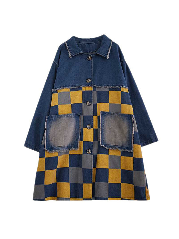 Long Sleeves Loose Buttoned Fringed Plaid Pockets Split-Joint Notched Collar Denim Outerwear