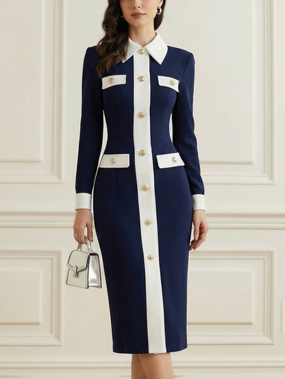 High Waisted Long Sleeves Buttoned Contrast Color Pleated Pockets Split-Joint Lapel Midi Dresses