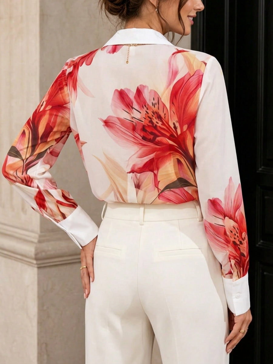 Long Sleeves Buttoned Contrast Color Flower Print Lapel Blouses&Shirts Tops
