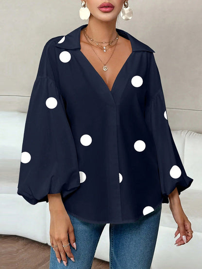 Long Sleeves Loose Contrast Color Pleated Polka Dot Split-Joint Lapel Blouses&Shirts Tops