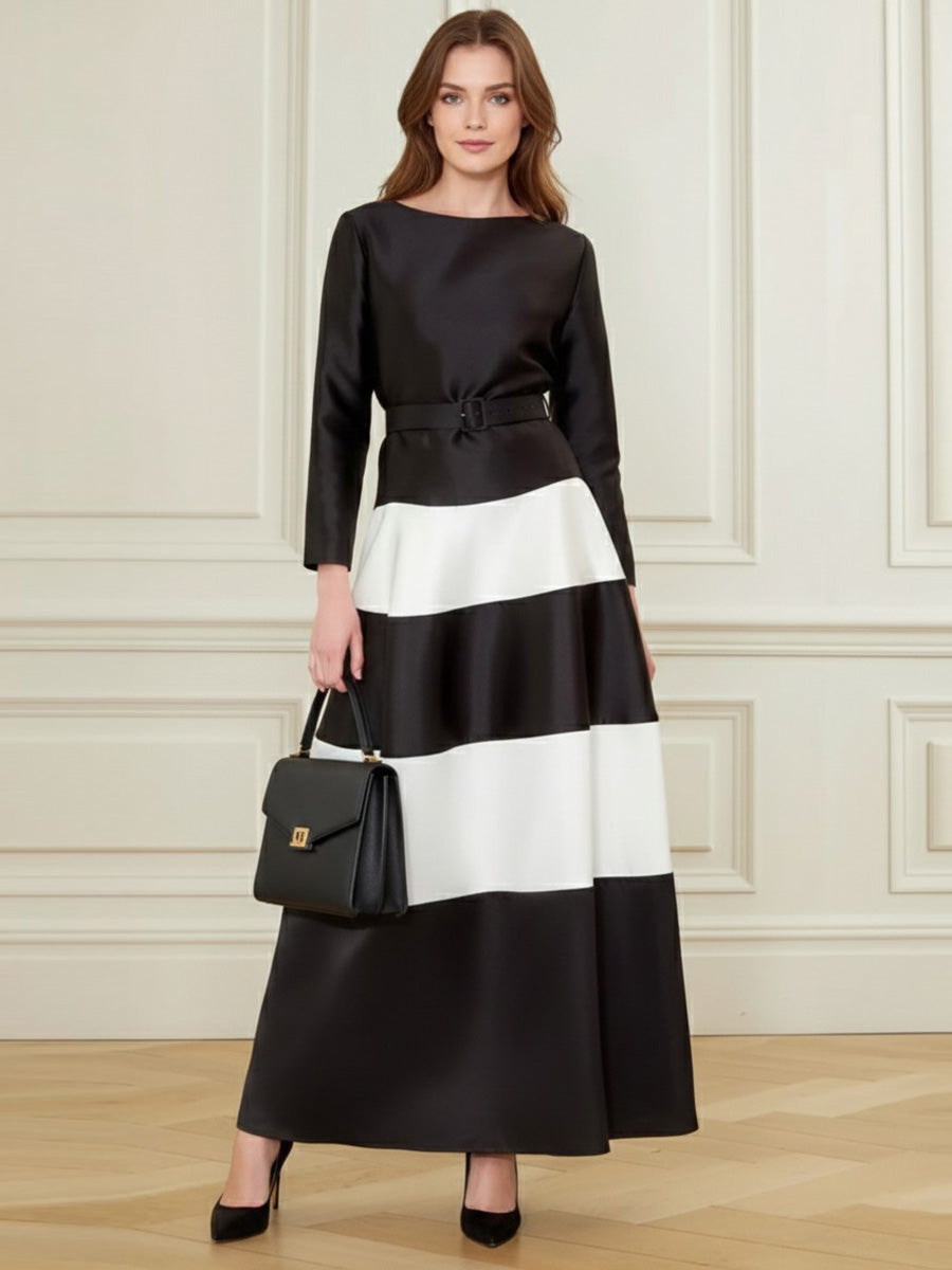 A-Line Bodycon Belted Contrast Color Split-Joint Round-Neck Maxi Dresses