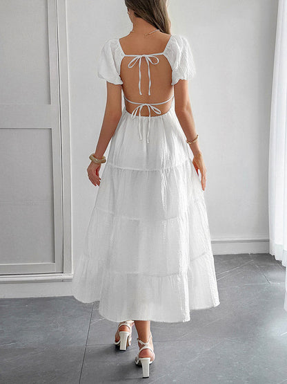 A-Line Loose Backless Pleated Solid Color Tied V-Neck Midi Dresses