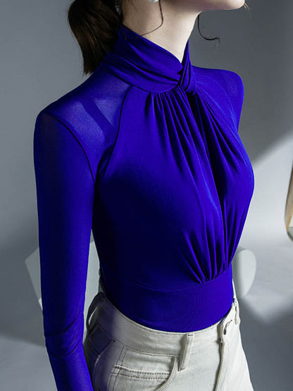 Long Sleeves Plus Size Hollow Mesh Pleated See-Through Solid Color Twist Half Turtleneck Blouses&Shirts Tops