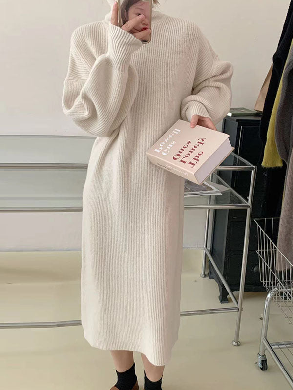 Long Sleeves Loose Solid Color High Neck Midi Dresses Sweater Dresses