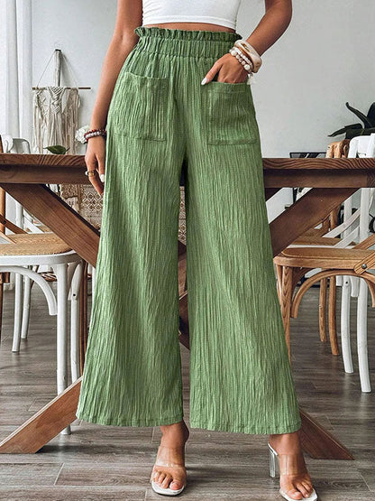 Loose Wide Leg Elasticity Pleated Pockets Solid Color Split-Joint Pants Trousers