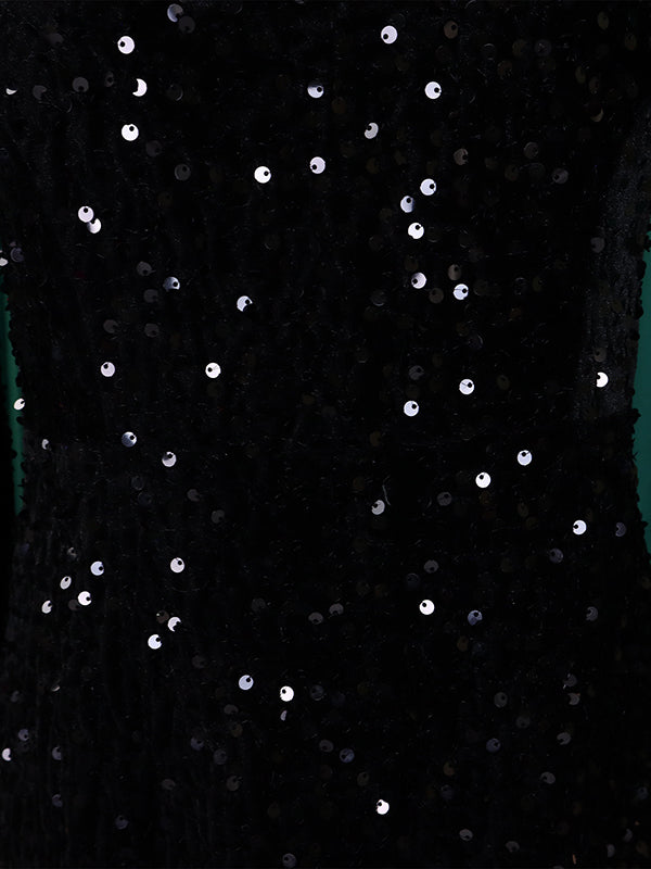 Robe longue trapèze taille haute à paillettes, fermeture éclair fendue et col rond 