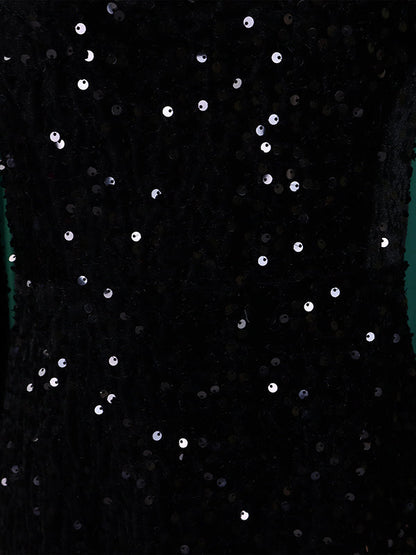 Robe longue trapèze taille haute à paillettes, fermeture éclair fendue et col rond 