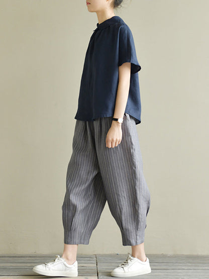 Künstlerische Retro-Blusen und Hemden mit kurzen Ärmeln, locker, plissiert, einfarbig 