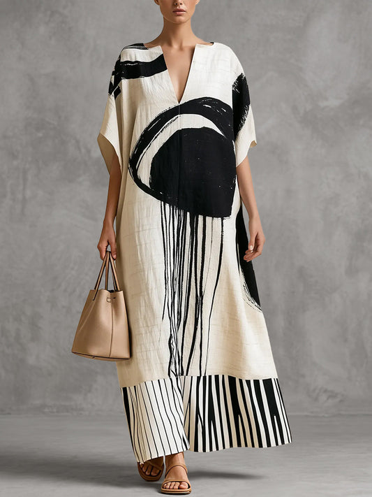 Striped Split-Joint Printed Contrast Color Short Sleeves Loose V-neck Maxi Dresses