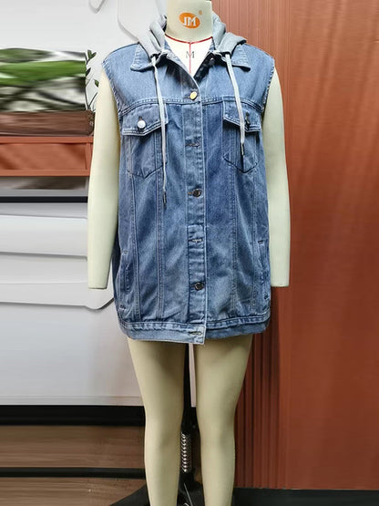 Loose Sleeveless Buttoned Detachable Drawstring Hooded Pockets Split-Joint Polo Vest Outerwear