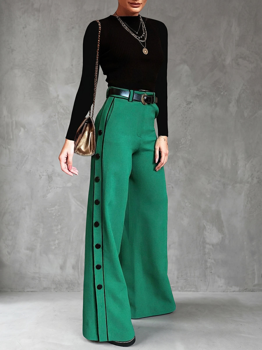High Waisted Wide Leg Buttoned Contrast Color Line Pockets Pants Trousers