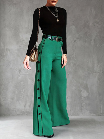High Waisted Wide Leg Buttoned Contrast Color Line Pockets Pants Trousers