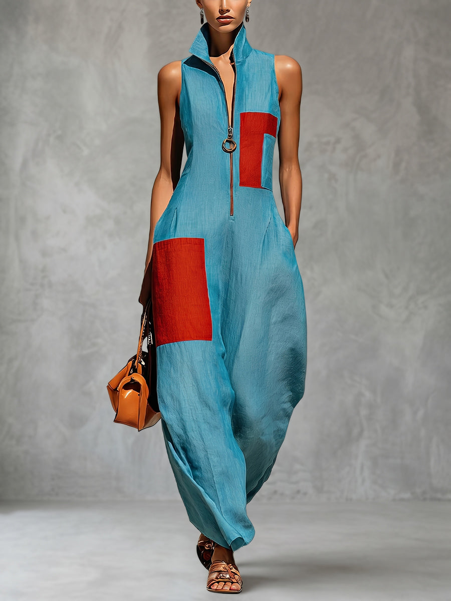 Loose Wide Leg Contrast Color Pockets Lapel Jumpsuits