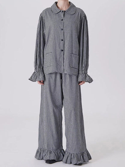 Loose  Contrast Color Plaid Ruffled Split-Joint  Long Sleeves Buttoned Lapel Blouses&Shirts Tops + Pants Two Pieces Set