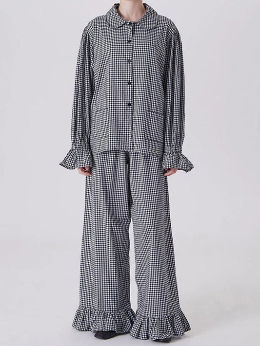 Loose  Contrast Color Plaid Ruffled Split-Joint  Long Sleeves Buttoned Lapel Blouses&Shirts Tops + Pants Two Pieces Set