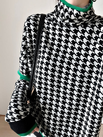 Long Sleeves Loose Contrast Color Houndstooth High Neck Pullovers Sweater Tops