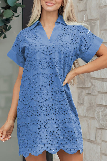 White Solid Color Eyelet Embroidered T Shirt Mini Dress