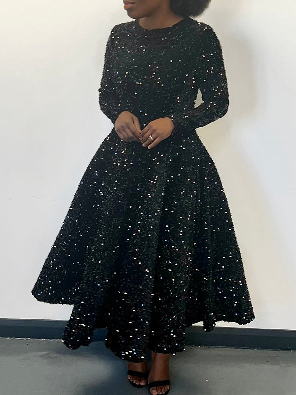 Robe longue trapèze taille haute à paillettes, fermeture éclair fendue et col rond 