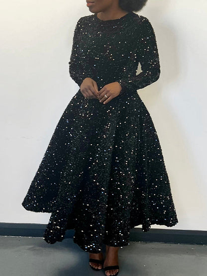 Robe longue trapèze taille haute à paillettes, fermeture éclair fendue et col rond 