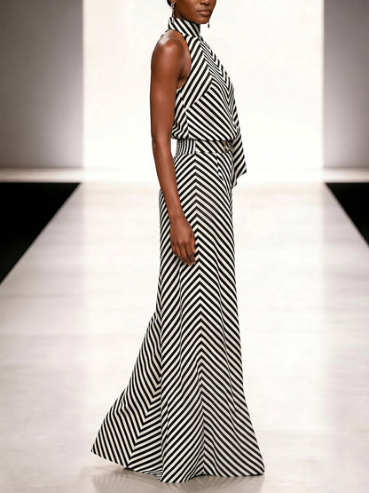 High Waisted Loose Buckle Contrast Color Elasticity Striped Pants Trousers