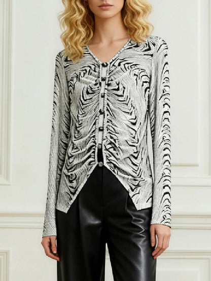 Long Sleeves Buttoned Elasticity Pleated V-Neck Blouses&Shirts Tops