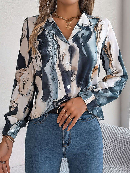 Long Sleeves Loose Buttoned Printed Notched Collar Blouses&Shirts Tops BLUE