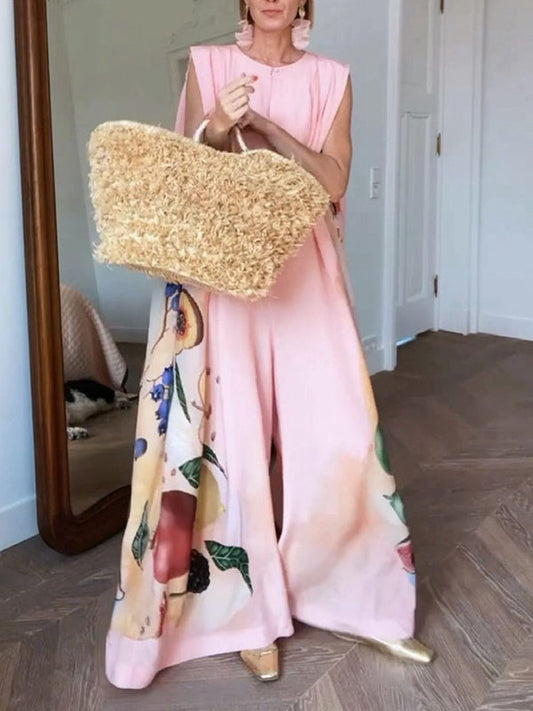 Loose Sleeveless Flower Print Round-Neck Jumpsuits
