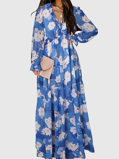 High Waisted Long Sleeves Flower Print Pleated Ruffled V-Neck Maxi Dresses BLUE