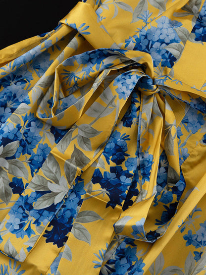 Loose Printed Split-Joint Deep V-Neck Lace-Up Blouse + Drawstring Elasticity Pants Trousers Two Pieces Set